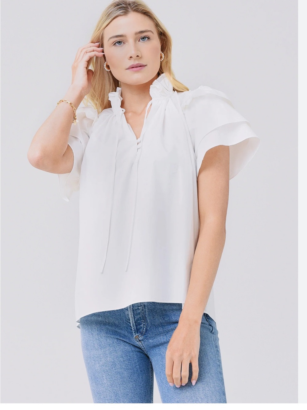 HUNTER BELL White Ruffled-Neck Flutter Sleeve Top